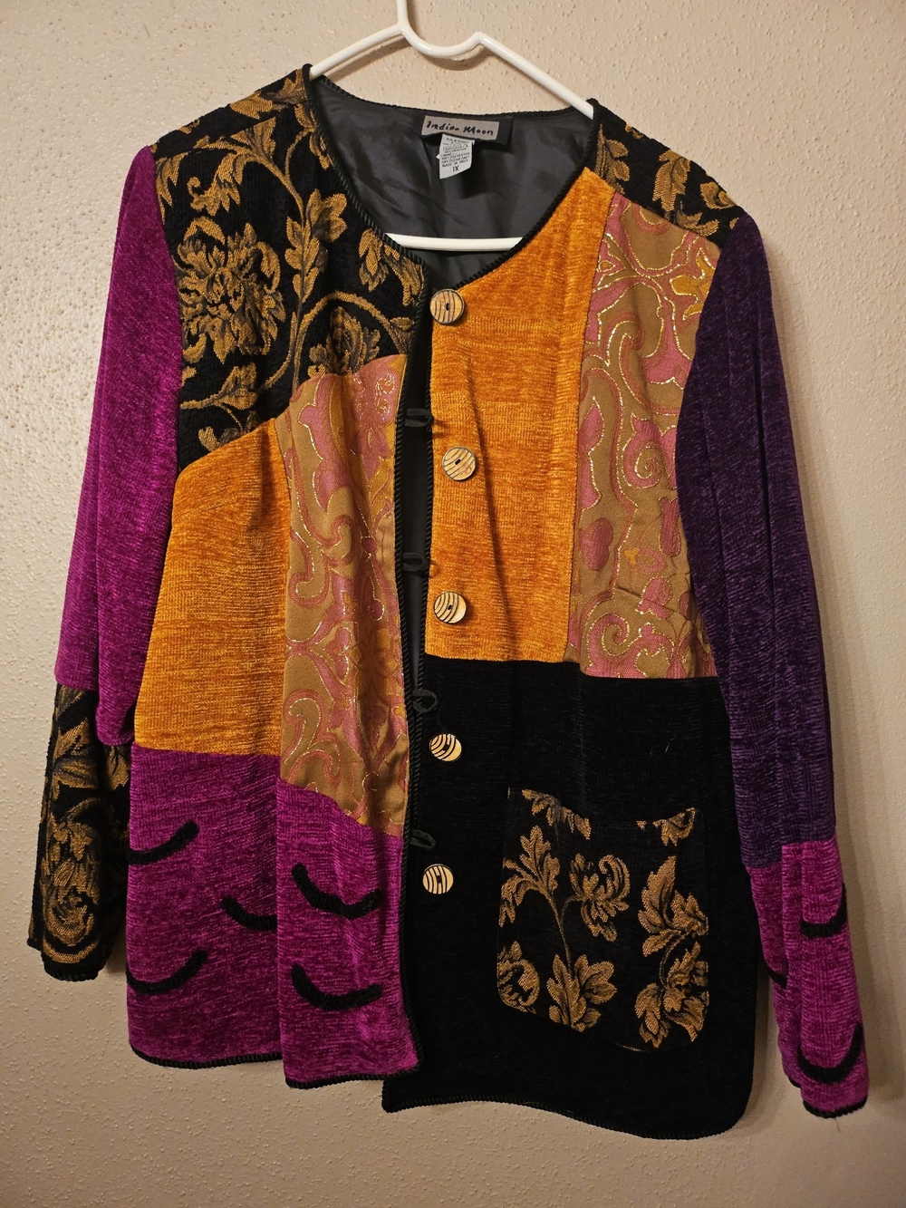 Indigo Moon Patchwork Velvet Cardigan in Purple, Gold & Black W/ Floral Accents